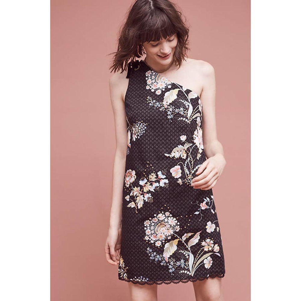 Anthropologie Maeve Dress 4 Black Floral One Shoulder Ashbury Mini